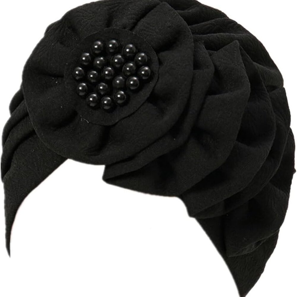 Chemo Turban Caps for Women - Bead Flower Solid Headwear Hats Pre Tied Headwraps